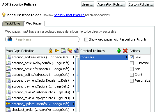 Page definition grant in ADF policy editor