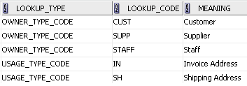 Shows the lookup code data in FOD schema.