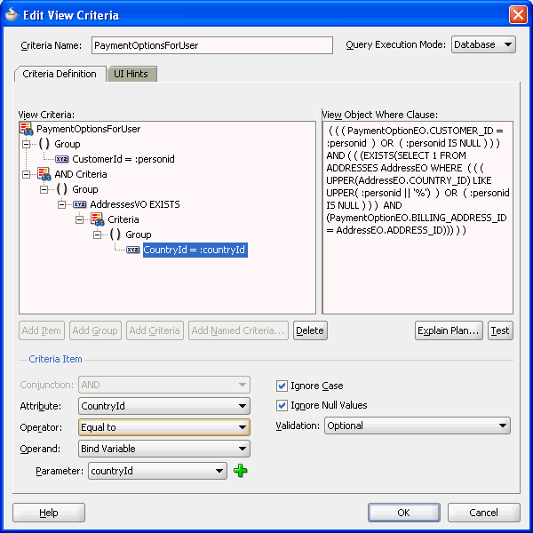 Edit View Criteria dialog displays view criteria definition