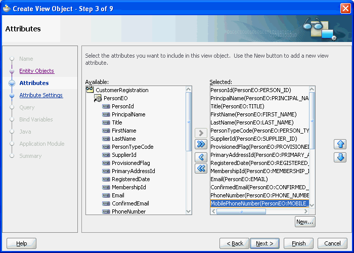 Image of step 3 of the Create View Object wizard