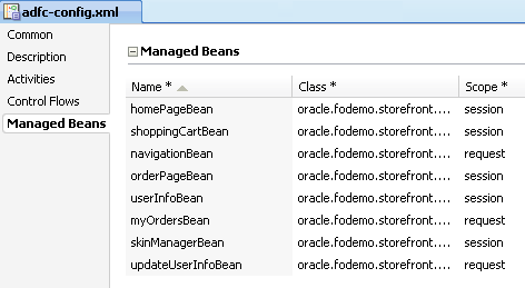 The JSF Configuration Editor shows all the managed beans