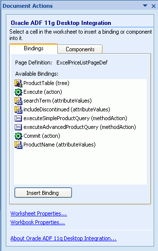 ADF Bindings Palette in the Desktop Integration Designer