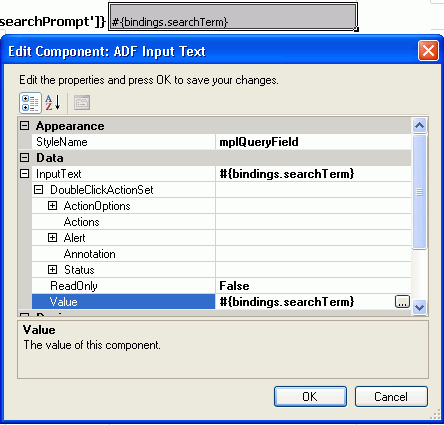 ADF Input Text component for quick query search form