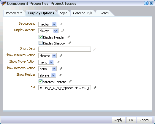 Display Options tab in Component Properties