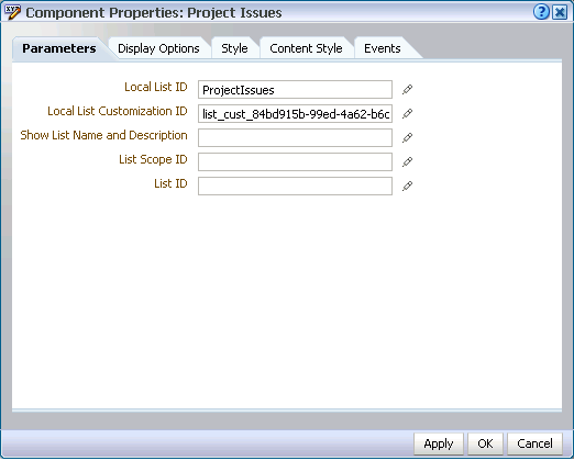 List Manage component properties