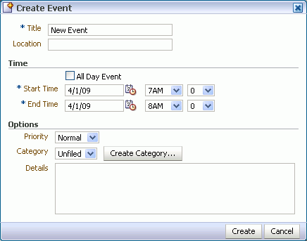 Create Event dialog box