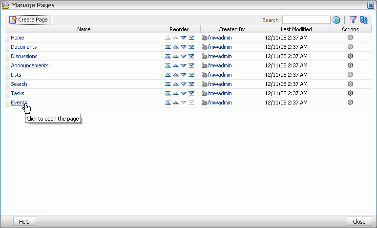 Manage Pages dialog box