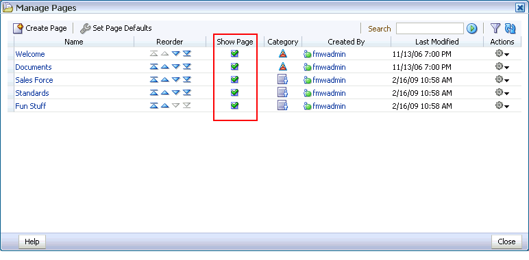 Show Page check boxes in the Manage Pages dialog box