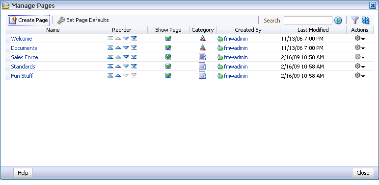 Manage Pages dialog box