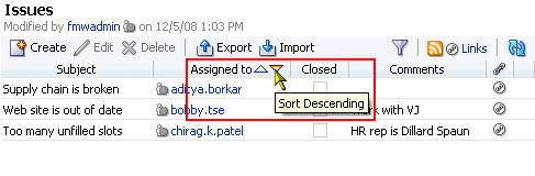 Sort icons on a list column header