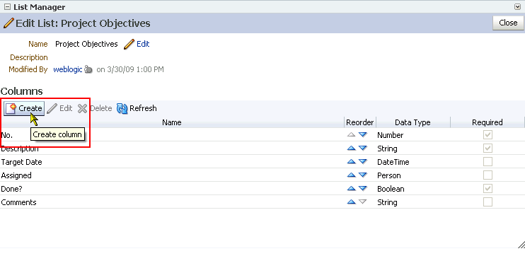 Create button in Edit List mode