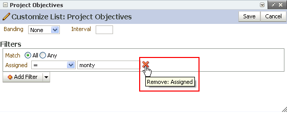 Remove icon next to a filter
