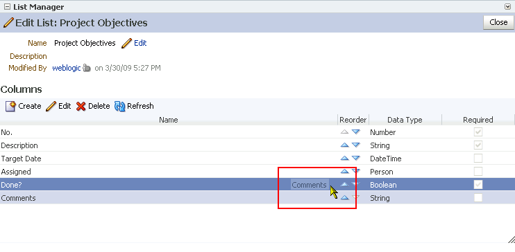 Dragging a list column to a new position