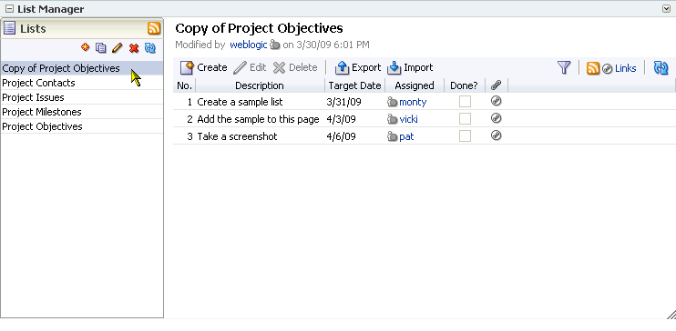 Selecting a list in the List Manager