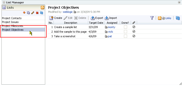 Selecting a list in the List Manager