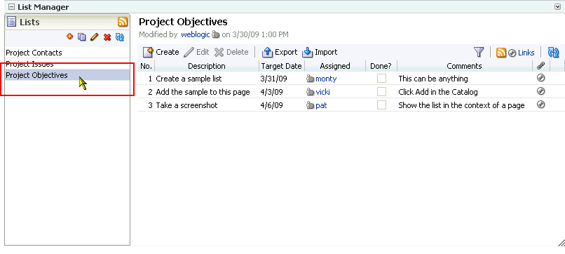 Selecting a list in the List Manager