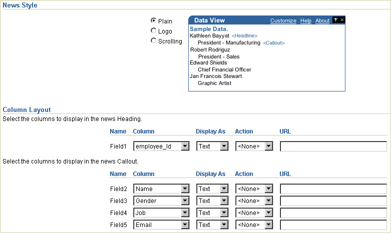 News layout options on the OmniPortlet Layout tab