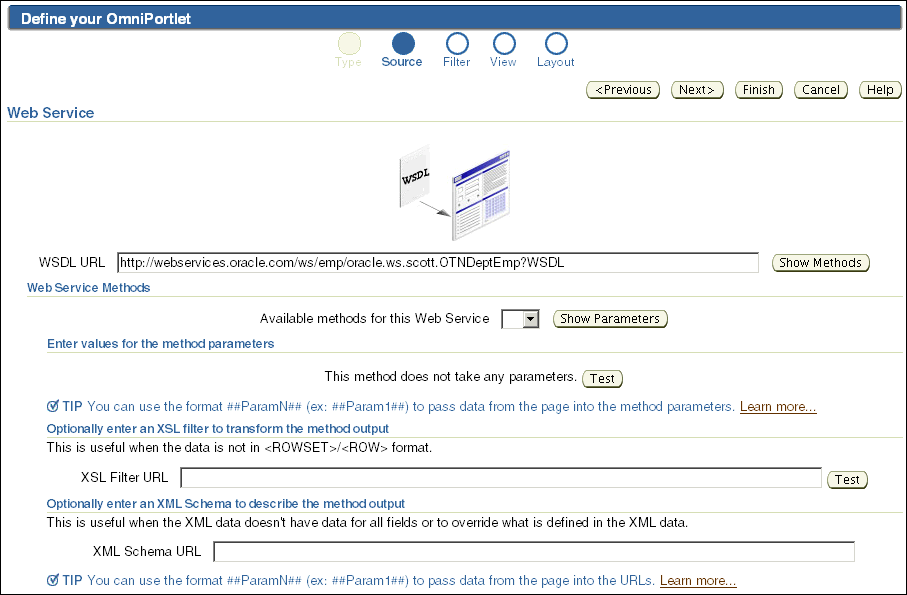 Source tab when a Web Service data type is specified
