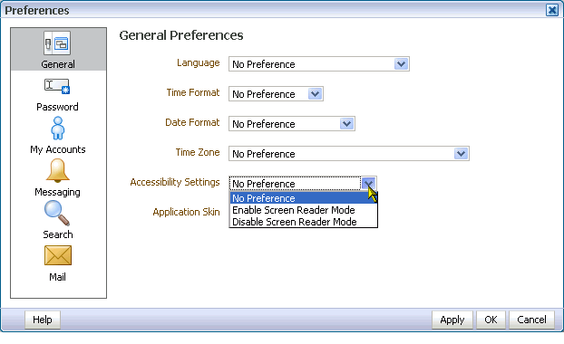 Accessibility Setting pick list