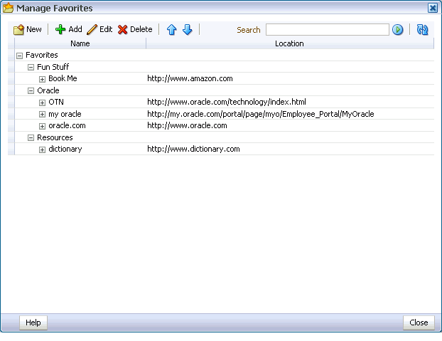 Manage Favorites window