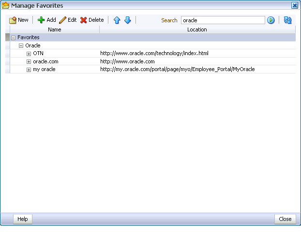Search results in Manage Favorites