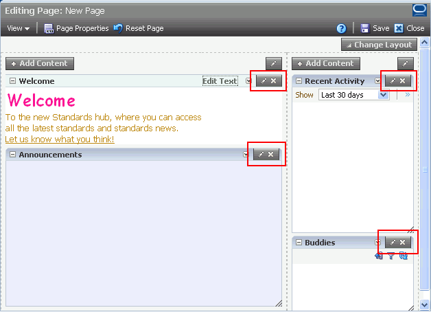 Edit and Delete controls on page components