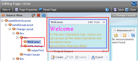 A page opened in Source view in Oracle Composer