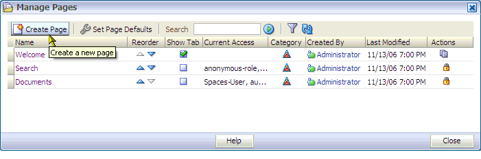 Create Page button