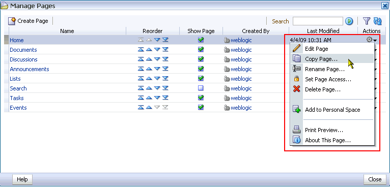 Copy Page command on Actions menu