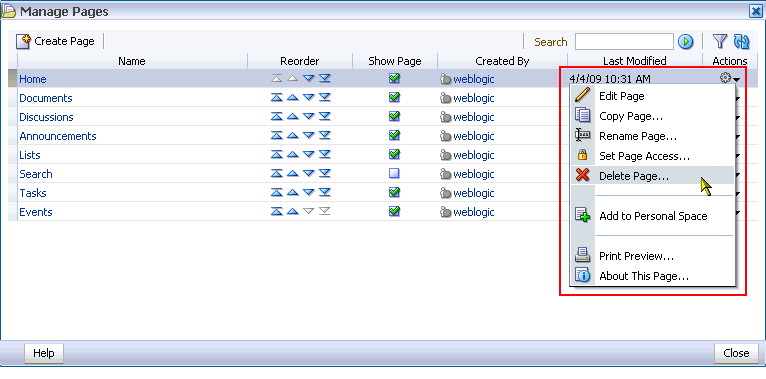 Delete Page command on Actions menu