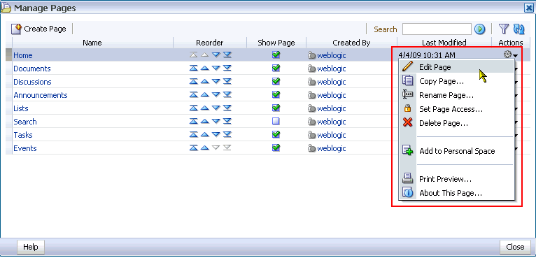 Edit Page option on the Actions menu
