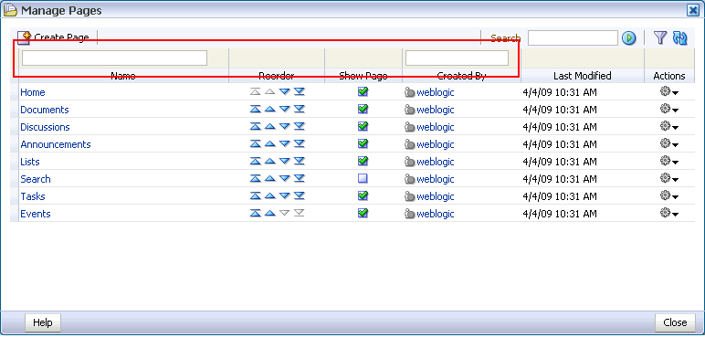 Filter panel in Manage Pages