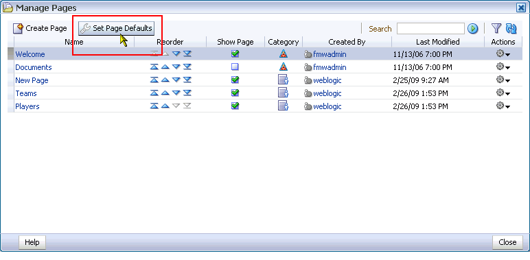 Set Page Defaults button