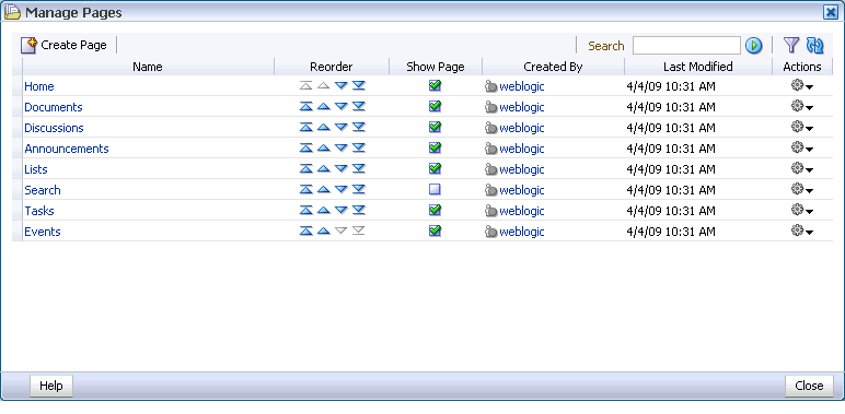Manage Pages dialog box