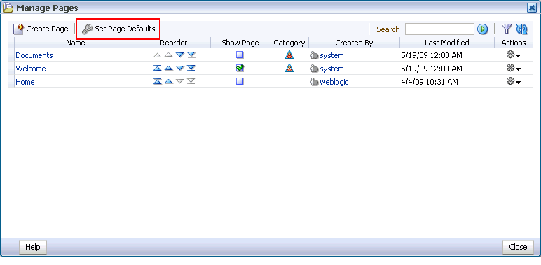 Set Page Defaults in Manage Pages dialog box