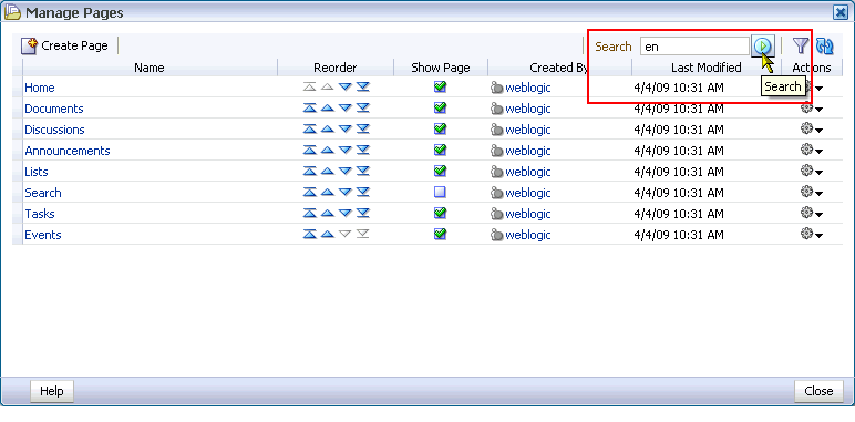 Search field and button in Manage Pages dialog box