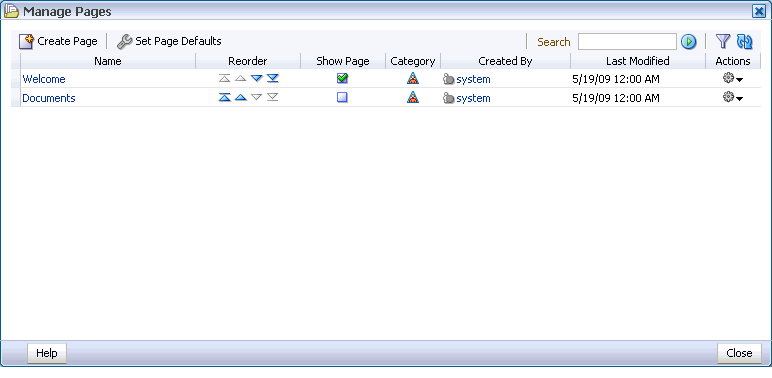 Manage Pages dialog box