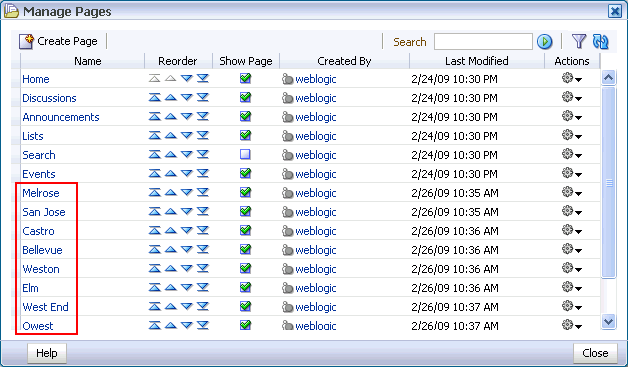 Manage Pages dialog box