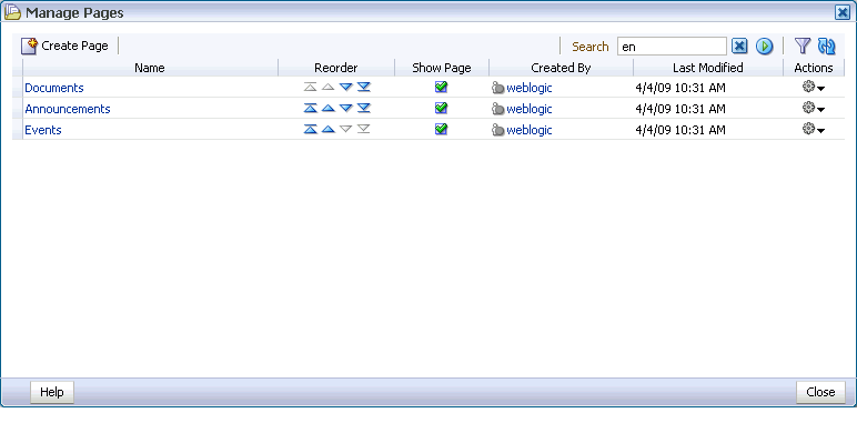 Search results in the Manage Pages dialog box