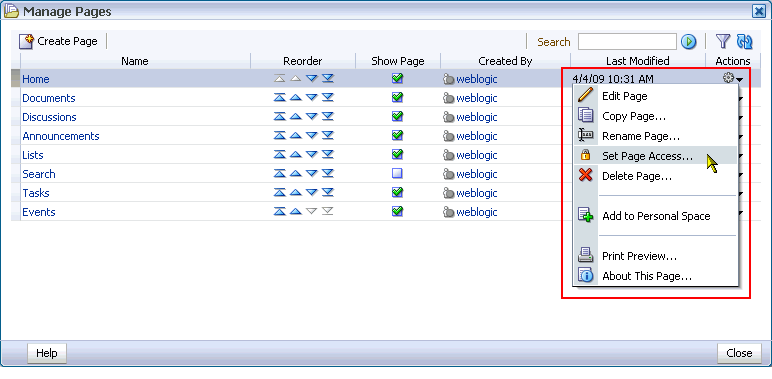 Actions icon and Set Page Access command