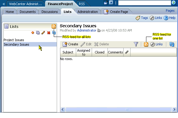 Selecting a list on the Lists page