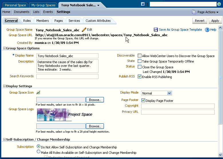 Group space Settings page