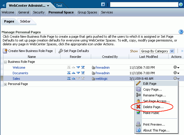 Deleting Business Role Pages