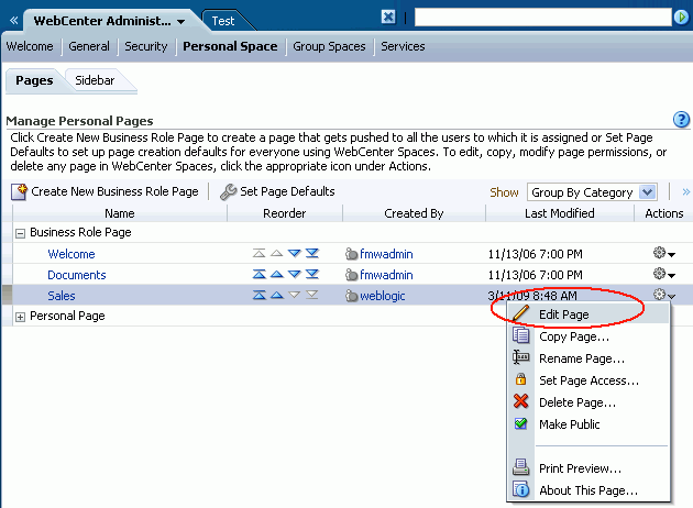 Editing Business Role Pages