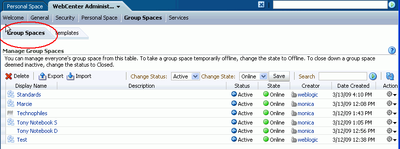 WebCenter Administration - Spaces Tab
