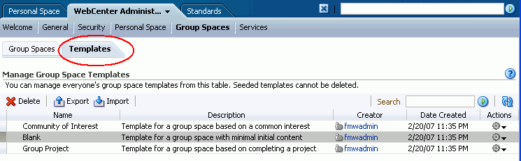 WebCenter Administration - Templates Tab