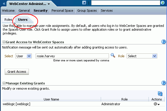 WebCenter Administration - Users Tab