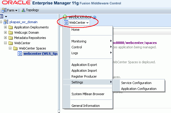 WebCenter Menu for WebCenter Spaces