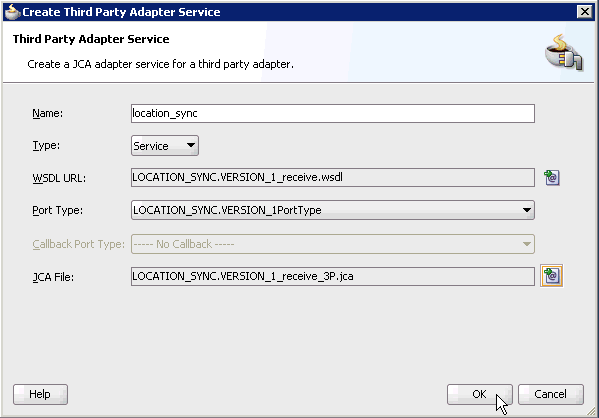 Create Third Party Adapter Service dialog box