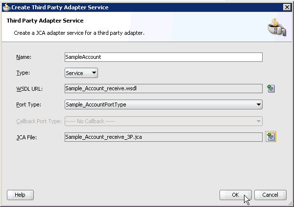 Create Third Party Adapter Service dialog box